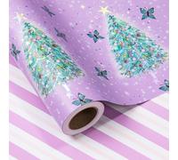 LeZakaa Reversible Christmas Wrapping Paper Roll - Tree, Pink and Purple Stripe for Holiday, Party - 17 Inches x 32.8 Feet (46.45 sq.ft.)