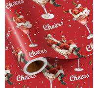 LeZakaa Sassy Santa Wrapping Paper Roll, Santa in Martini Glass Cheers Funny Design in Red Holiday Gift Wrap for Christmas, 17 Inches x 16.4 Feet Mini Roll