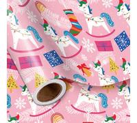 LeZakaa Unicorn Christmas Wrapping Paper Roll for Girls Kids Women, Pink Unicorn Rocking Horse Snowflakes Festive Design, for Birthday, Christmas, Winter Holidays, Mini Roll 17 in x 16.4 Ft