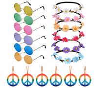 Lezevn 18PCS Hippie Costume Accessory Set: Rainbow Peace Sign Necklaces, Daisy Sunflower Headbands & Sunglasses for 60s 70s Dressing, Adult Female, Multicolor, Boho/Hippie, Flower, Halloween