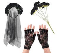 Lezevn 3 Pieces Halloween Costume Accessories Rose Flower Veil Headband Black Lace Fingerless Gloves Rose Bouquet for Halloween Day of The Dead Cosplay Party Fancy Dress