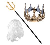 Lezevn 3Pcs King Neptune Costume Accessory Set Decorative Trident Gold King Crown White Wig for Men Halloween Dress Up