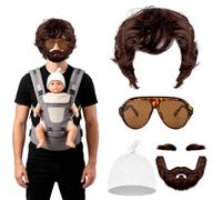 Lezevn 4 Piece Halloween Hangover Costume Brown Short Brown Wig Fake Beard White Baby Hat Sunglasses Halloween Cosplay Dress-Up Accessories Daily Summer Wear