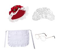 Lezevn 4pcs Christmas Mrs Claus Costume Set Santa Claus Mop Lace White Trim Cap Gold Glasses White Apron Wig for Christmas Party New Year