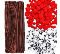 Lezevn 900 Pieces Christmas Reindeer DIY Craft Set Pipe Cleaners Set Brown Pipe Cleaners 3 Size Pom Poms, Google Eyes Christmas Set Party Supplies