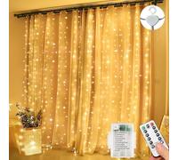 Lezonic Curtain Fairy Lights, 3m x 3m 300LED Battery Curtain Lights, 8 Modes Fairy Lights Battery Operated with Remote for Indoor/Outdoor, Window, Bedroom, Wedding, Party, Christmas(Warm White)