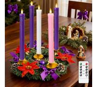 Lezonic Flameless Christmas Advent Candles with Remote, 9.5 Inch Dripping Wax Taper Candles Battery Operated, LED Advent Wreath Candles for Church Home Decor, 3 Purple & 1 Pink & 1 White(Set of 5)
