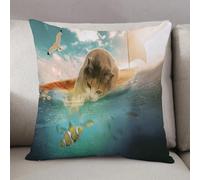 LEZUAHSH Cushion Cover,Pillow Cover Throw Pillow Case Decor Home Livingroom Couch Sofa,cat sailing on a waltz with sails in the blue sea and playing catch a fish from the water,20 x 20 in
