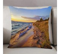 LEZUAHSH Cushion Cover,Pillow Cover Throw Pillow Case Decor Home Livingroom Couch Sofa,Coastline, Sandy Calm Beach Ocean Waves Tranquil seaside setting Sun, Orange Marigold,20 x 20 in