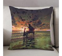 LEZUAHSH Cushion Cover,Pillow Cover Throw Pillow Case Decor Home Livingroom Couch Sofa,digital art of the man playing piano among crowd of birds on the beach at sunset illustrat,20 x 20 in