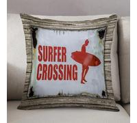 LEZUAHSH Cushion Cover,Pillow Cover Throw Pillow Case Decor Home Livingroom Couch Sofa,Vintage Red Retro Surfer Crossing Warning Sign On Wooden Background In Hawaii,18 x 18 in