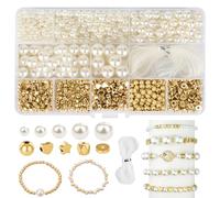 LFBEST 1090pcs Pearl Beads for Jewelry Making, 4/6/8/10/12mm Round Pearl Bracelet Beads for Crafting, Mixed Imitation Gold Spacer Bead with Crystal Wire for Bracelet Ornament DIY Craft