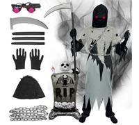 LFBEST Halloween Grim Reaper Costume Set for Children - Scream Outfit With Scythe, Glasses, Pendants, and Gloves for Cosplay Fancy Dress (L)