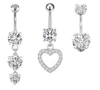 LFCFBH 3PCS Dangle Belly Button Bars Silver, Flower Butterfly Heart Navel Piercing Jewelry for Women