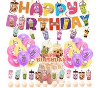 LFCFDX Boba Tea Party Decorations: Multi-color Boba Tea Birthday Party Supplies Includes Banner, Cake Topper, Cupcake Toppers, Spirals, Balloons