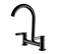 LFCKVX Black Kitchen Mixer Tap Dual Lever 360° Swivel Spout 2 Hole Bridge Tap Deck Mounted Cold & Hot Water Easy 1/4 Turn Control Sink Faucet