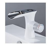 LFCKVX Brass Waterfall Bathroom Faucet with LED Temperature Display Deck Mounted Sink Mixer Tap Push Button Switch White Chrome Vanity Basin Faucet