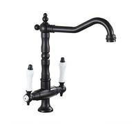 LFCKVX Retro Brass Black Kitchen Mixer Tap 360° Rotating Dual Lever Sink Faucet for Cold & Hot Water Ideal for Double Sinks UK Standard Fittings