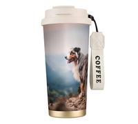 LfearTesa 316 Stainless Steel Eco-Friendly Travel Office Mug Wall Travel Car Cup Coffee Cup with Lanyard, Australian Shepherd Mountains Aussie Pets Dogs,White