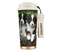 LfearTesa 316 Stainless Steel Eco-Friendly Travel Office Mug Wall Travel Car Cup Coffee Cup with Lanyard, Australian Shepherd Small Puppies Quartet,White