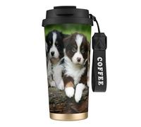 LfearTesa 316 Stainless Steel Eco-Friendly Travel Office Mug Wall Travel Car Cup Coffee Cup with Lanyard, Australian Shepherd Small Puppies Quartet,Black