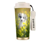 LfearTesa 316 Stainless Steel Eco-Friendly Travel Office Mug Wall Travel Car Cup Coffee Cup with Lanyard, Australian Shepherd Dogs Mall White Puppy,White