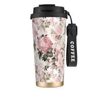 LfearTesa 316 Stainless Steel Eco-Friendly Travel Office Mug Wall Travel Car Cup Coffee Cup with Lanyard, Vintage Shabby Chic Sepia Pink Roses,Black