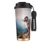 LfearTesa 316 Stainless Steel Eco-Friendly Travel Office Mug Wall Travel Car Cup Coffee Cup with Lanyard, Australian Shepherd Mountains Aussie Pets Dogs,Black