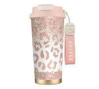 LfearTesa 316 Stainless Steel Eco-Friendly Travel Office Mug Wall Travel Car Cup Coffee Cup with Lanyard, Glitter Rose Gold Leopard Print,Pink