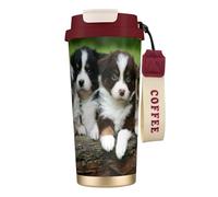 LfearTesa 316 Stainless Steel Eco-Friendly Travel Office Mug Wall Travel Car Cup Coffee Cup with Lanyard, Australian Shepherd Small Puppies Quartet,Red