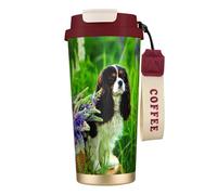 LfearTesa 316 Stainless Steel Eco-Friendly Travel Office Mug Wall Travel Car Cup Coffee Cup with Lanyard, Cavalier King Charles Spaniel Dog Lupin Flowers,Red