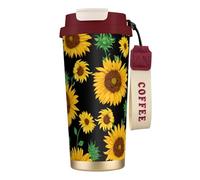 LfearTesa 316 Stainless Steel Eco-Friendly Travel Office Mug Wall Travel Car Cup Coffee Cup with Lanyard, Sunflower Print,Red
