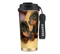 LfearTesa 316 Stainless Steel Eco-Friendly Travel Office Mug Wall Travel Car Cup Coffee Cup with Lanyard, Dachshund Puppies Pets Dogs Small Dachshund,Black