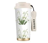 LfearTesa 316 Stainless Steel Eco-Friendly Travel Office Mug Wall Travel Car Cup Coffee Cup with Lanyard, Snowdrop Flower Botanical Watercolor,White