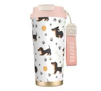 LfearTesa 316 Stainless Steel Eco-Friendly Travel Office Mug Wall Travel Car Cup Coffee Cup with Lanyard, Dachshund Ball Paw Print,Pink