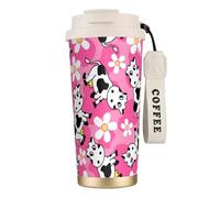 LfearTesa 316 Stainless Steel Eco-Friendly Travel Office Mug Wall Travel Car Cup Coffee Cup with Lanyard, Creative Cow Cartoon Animal Printed,White