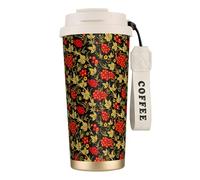LfearTesa 316 Stainless Steel Eco-Friendly Travel Office Mug Wall Travel Car Cup Coffee Cup with Lanyard, Traditional Russian Cranberry,White