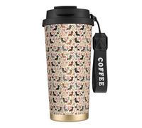 LfearTesa 316 Stainless Steel Eco-Friendly Travel Office Mug Wall Travel Car Cup Coffee Cup with Lanyard, Dachshund Floral Vintage Flowers Doxie Doxie Dachshunds Cute,Black