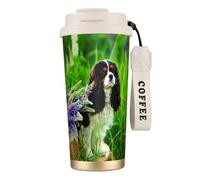 LfearTesa 316 Stainless Steel Eco-Friendly Travel Office Mug Wall Travel Car Cup Coffee Cup with Lanyard, Cavalier King Charles Spaniel Dog Lupin Flowers,White