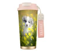 LfearTesa 316 Stainless Steel Eco-Friendly Travel Office Mug Wall Travel Car Cup Coffee Cup with Lanyard, Australian Shepherd Dogs Mall White Puppy,Pink