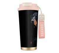LfearTesa 316 Stainless Steel Eco-Friendly Travel Office Mug Wall Travel Car Cup Coffee Cup with Lanyard, Doberman Pinscher Pets Dogs Black Dogs Doberman,Pink