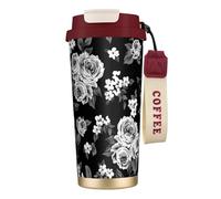 LfearTesa 316 Stainless Steel Eco-Friendly Travel Office Mug Wall Travel Car Cup Coffee Cup with Lanyard, Vintage White Rose Tulip,Red