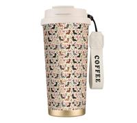 LfearTesa 316 Stainless Steel Eco-Friendly Travel Office Mug Wall Travel Car Cup Coffee Cup with Lanyard, Dachshund Floral Vintage Flowers Doxie Doxie Dachshunds Cute,White