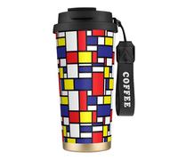 LfearTesa 316 Stainless Steel Eco-Friendly Travel Office Mug Wall Travel Car Cup Coffee Cup with Lanyard, Mondrian Pattern Printing,Black