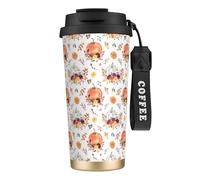 LfearTesa 316 Stainless Steel Eco-Friendly Travel Office Mug Wall Travel Car Cup Coffee Cup with Lanyard, Autumn Pumpkin Print,Black