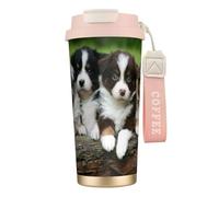 LfearTesa 316 Stainless Steel Eco-Friendly Travel Office Mug Wall Travel Car Cup Coffee Cup with Lanyard, Australian Shepherd Small Puppies Quartet,Pink