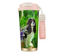 LfearTesa 316 Stainless Steel Eco-Friendly Travel Office Mug Wall Travel Car Cup Coffee Cup with Lanyard, Cavalier King Charles Spaniel Dog Lupin Flowers,Pink