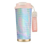 LfearTesa 316 Stainless Steel Eco-Friendly Travel Office Mug Wall Travel Car Cup Coffee Cup with Lanyard, Colourful Rainbow Colour Hologram Holographic,Pink