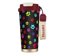 LfearTesa 316 Stainless Steel Eco-Friendly Travel Office Mug Wall Travel Car Cup Coffee Cup with Lanyard, Colorful Dog Cat Paw Print,Red