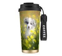 LfearTesa 316 Stainless Steel Eco-Friendly Travel Office Mug Wall Travel Car Cup Coffee Cup with Lanyard, Australian Shepherd Dogs Mall White Puppy,Black